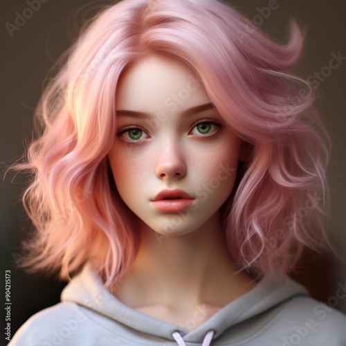 Girl with pink, purple hair, makeup, hair, skincare, beauty concept, natural beauty