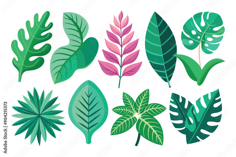 Fototapeta premium Collection of Diverse Green Tropical Leaves and One Pink Flower