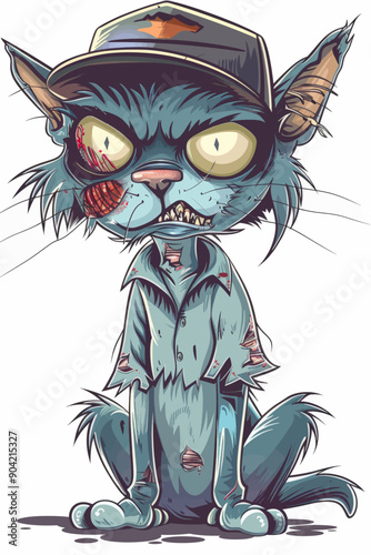 A cartoon cat with a bloody mouth and a hat on