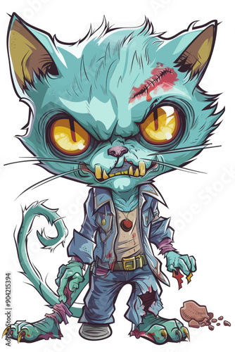 A cartoon cat with a scary face and a blue outfit