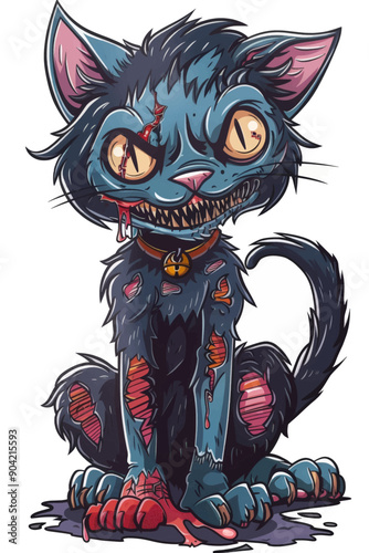 A cat with a bloody mouth and a collar sits on a dirty floor