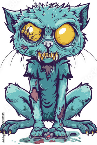 A cartoon cat with a creepy face and a blue shirt