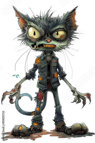 A cartoon cat with a creepy look on its face and a ripped jacket