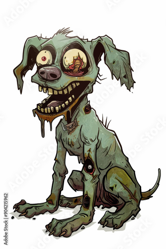 A dog with a zombie look on its face is sitting on a white background