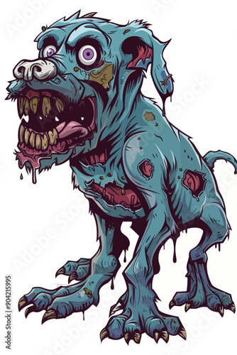 A dog with a zombie look on its face