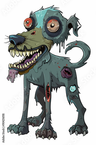 A cartoon dog with a mouth full of teeth and a bloody face