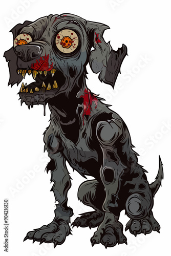 A dog with red eyes and a bloody mouth is sitting on a white background