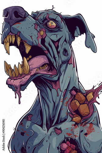 A dog with its mouth open and teeth showing, with a bloody, zombie look