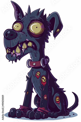A cartoon dog with a collar and a skull on its collar sits on the ground