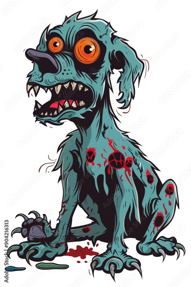 A cartoon dog with red eyes and a mouth full of teeth