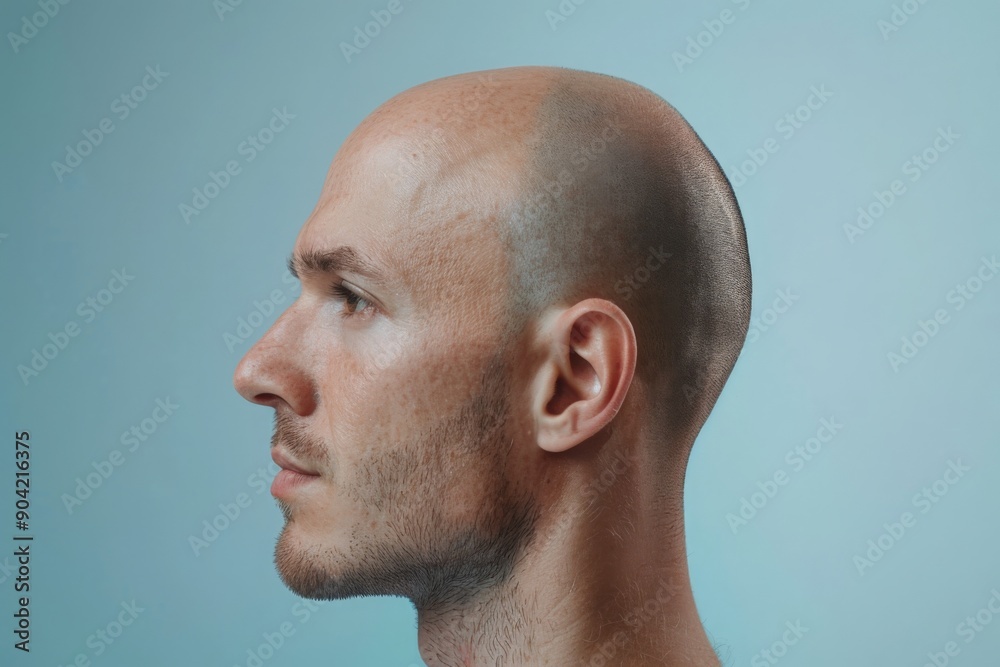 A close-up profile view of a man with a shaved head, showcasing his facial features and skin texture. The background is a plain light blue A close-up profile view of a man with a shaved head, showcasing his facial features and skin texture. The background is a plain light blue