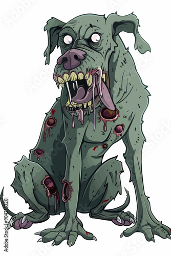 A dog with its mouth open and teeth showing, covered in blood and gore