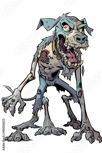 A dog with a bloody face and torn clothes