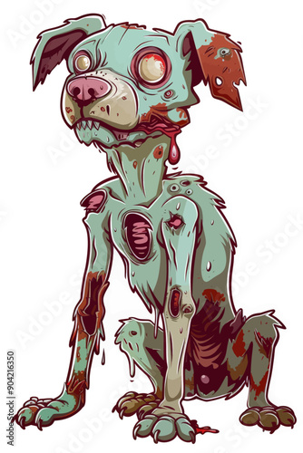 A dog with a bloody mouth and eyes that are glowing red