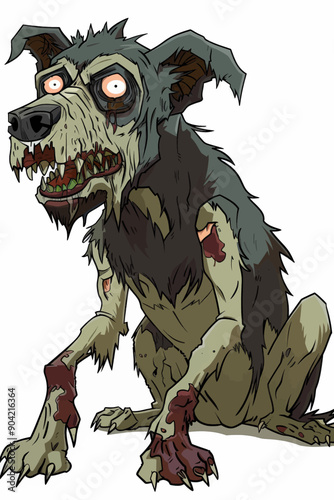 A dog with a zombie look on its face sits on a white background