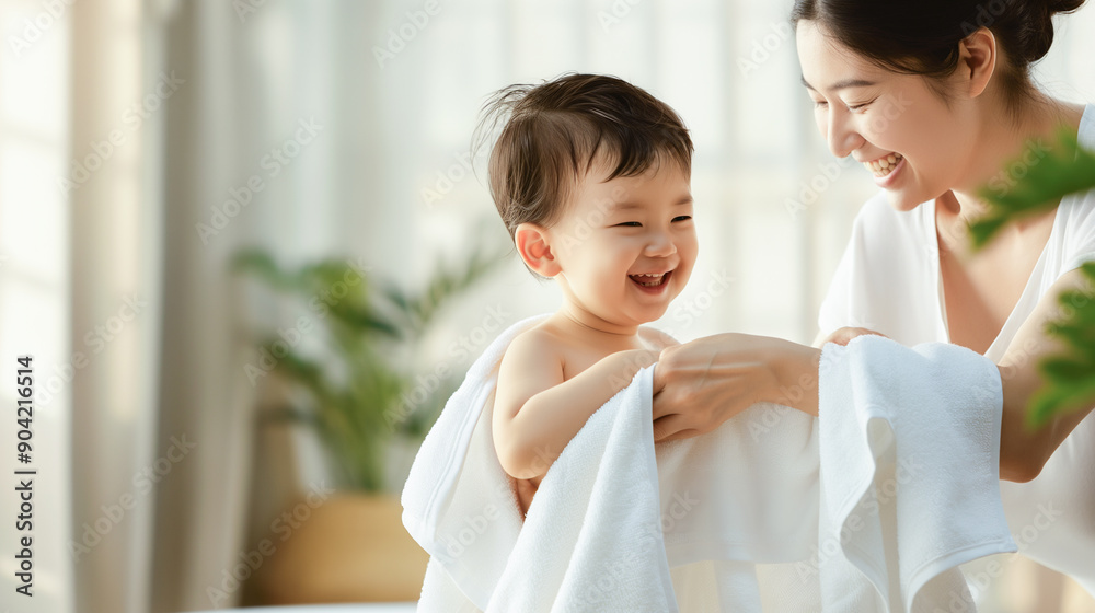 Mother wrapping her smiling baby in a towel after a bath, capturing a tender moment of love and bonding at home Mother wrapping her smiling baby in a towel after a bath, capturing a tender moment of love and bonding at home