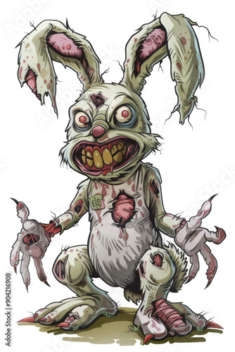 A cartoon rabbit with a twisted face and bloody hands