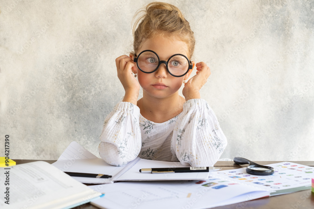 Little girl in glasses doing homework. Children at school. New school year Little girl in glasses doing homework. Children at school. New school year