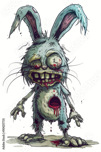 A cartoon rabbit with a bloody face and a hole in its chest