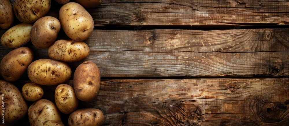 Freshly harvested organic potatoes on a rustic wooden background with room for text in the copy space image Freshly harvested organic potatoes on a rustic wooden background with room for text in the copy space image