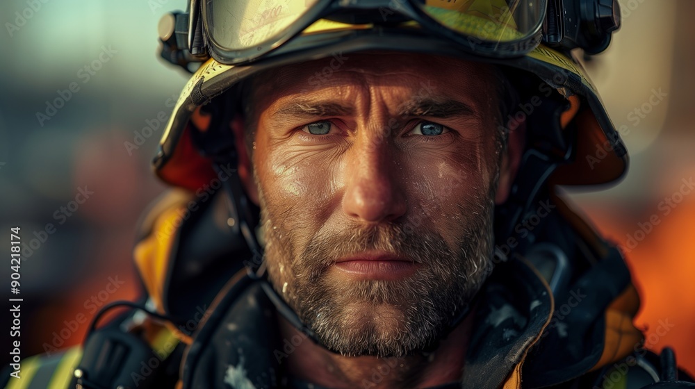 Portrait of a Firefighter in Full Gear Heroic and Determined Amidst Fire and Smoke Close-Up with Intense Gaze Highlighting Bravery and Courage in Emergency Situations Portrait of a Firefighter in Full Gear Heroic and Determined Amidst Fire and Smoke Close-Up with Intense Gaze Highlighting Bravery and Courage in Emergency Situations