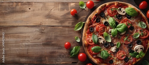 Top view of a scrumptious pizza topped with tomatoes mushrooms black olives and basil on a wooden surface with space available for text in the image. Copy space image