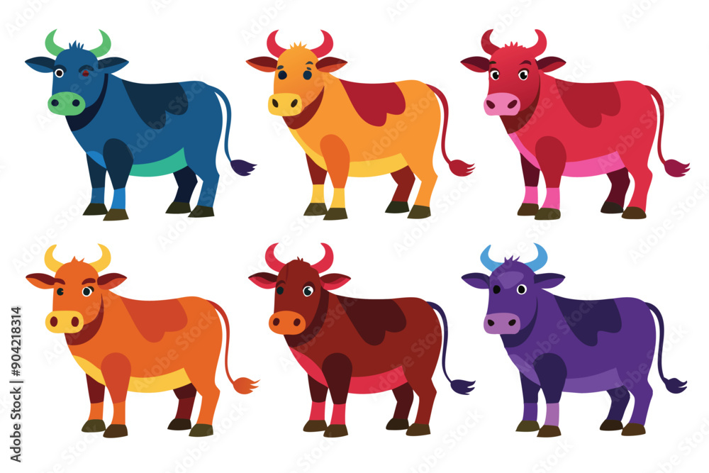 Six Colorful Cartoon Cows in a Row Six Colorful Cartoon Cows in a Row