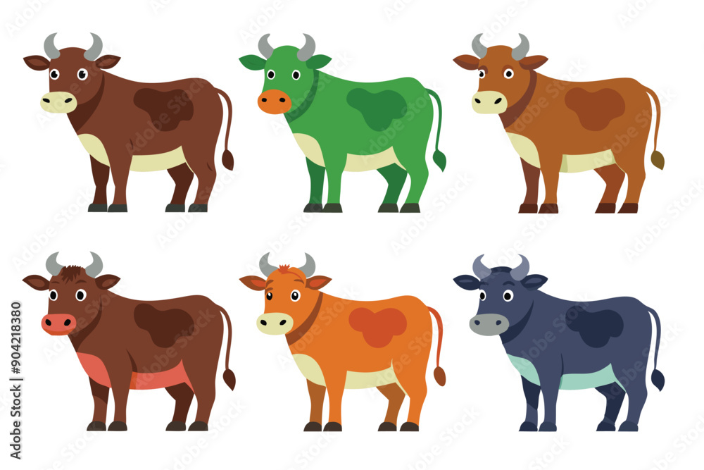 Six Colorful Cartoon Cows Standing Side by Side Six Colorful Cartoon Cows Standing Side by Side