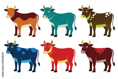 Six Colorful Cartoon Cows with Different Spots and Patterns