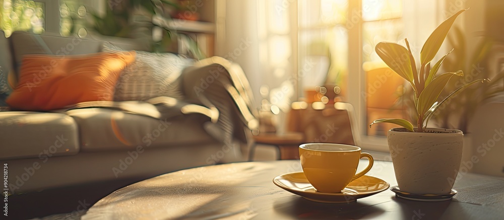 An image of a stylish man enjoying his morning coffee in the living room with blank space for text or design. Copy space image. Place for adding text and design An image of a stylish man enjoying his morning coffee in the living room with blank space for text or design. Copy space image. Place for adding text and design