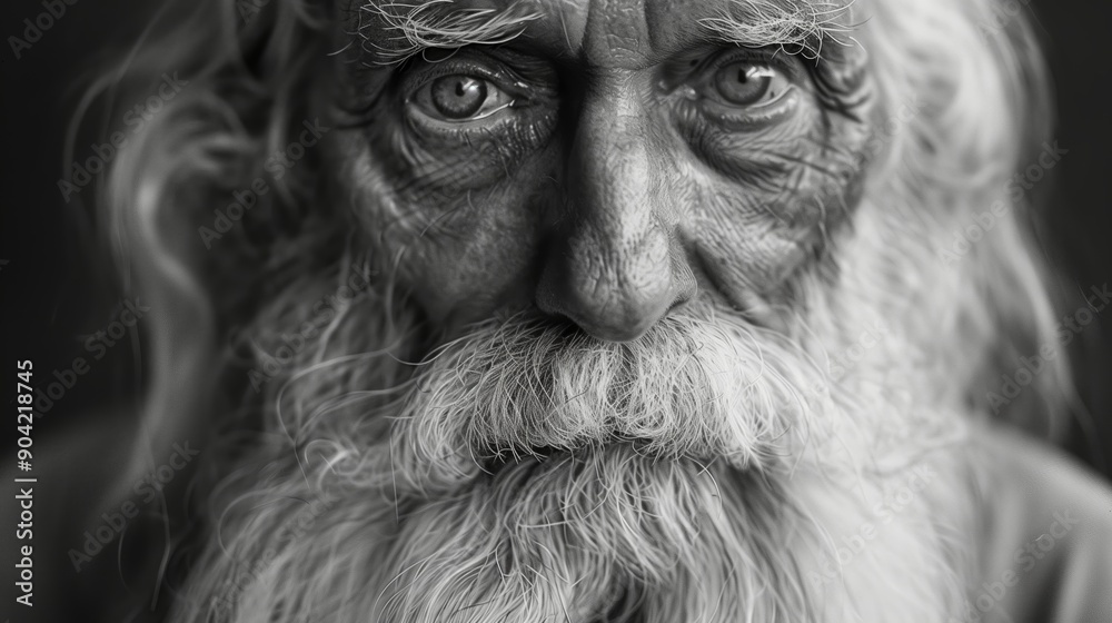 Close-Up Portrait Of Elderly Man With Long White Beard And Deep Wrinkles, Expressive Eyes, Monochrome Photography, High Contrast Black And White, Wisdom And Experience, Elderly Man, Intense Gaze Close-Up Portrait Of Elderly Man With Long White Beard And Deep Wrinkles, Expressive Eyes, Monochrome Photography, High Contrast Black And White, Wisdom And Experience, Elderly Man, Intense Gaze