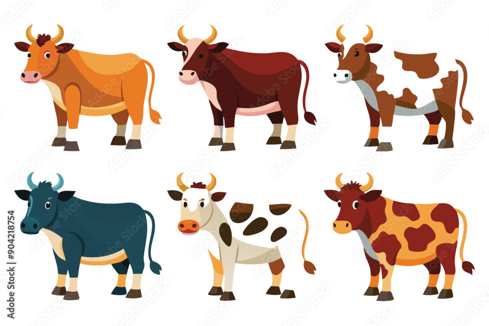 Six Cartoon Cows with Different Colored Fur and Spots Six Cartoon Cows with Different Colored Fur and Spots