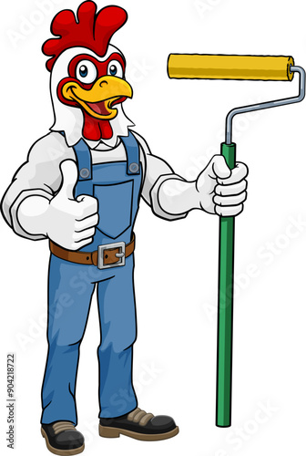 A chicken or rooster painter decorator handyman cartoon construction man mascot character holding a paint roller tool