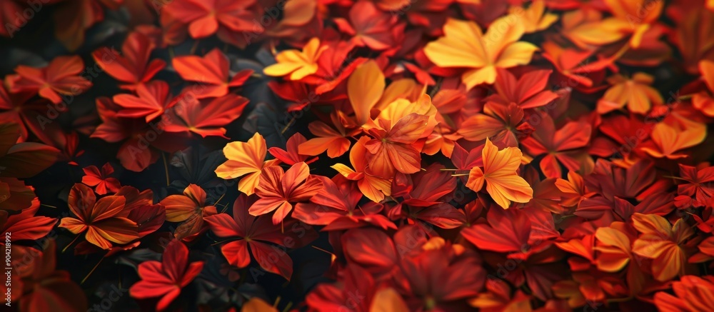 Vivid autumn leaves with red orange and yellow flowers make a captivating scene ideal for nature walks or autumn photo shoots amidst beautiful lighting and copy space image Vivid autumn leaves with red orange and yellow flowers make a captivating scene ideal for nature walks or autumn photo shoots amidst beautiful lighting and copy space image