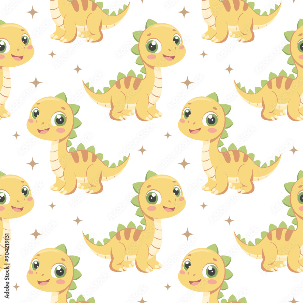 Obraz premium Cute dinosaurs seamless pattern. Background with dinosaurs and tropical leaves. Scandinavian design for baby clothes, shirts, fabrics, textiles.