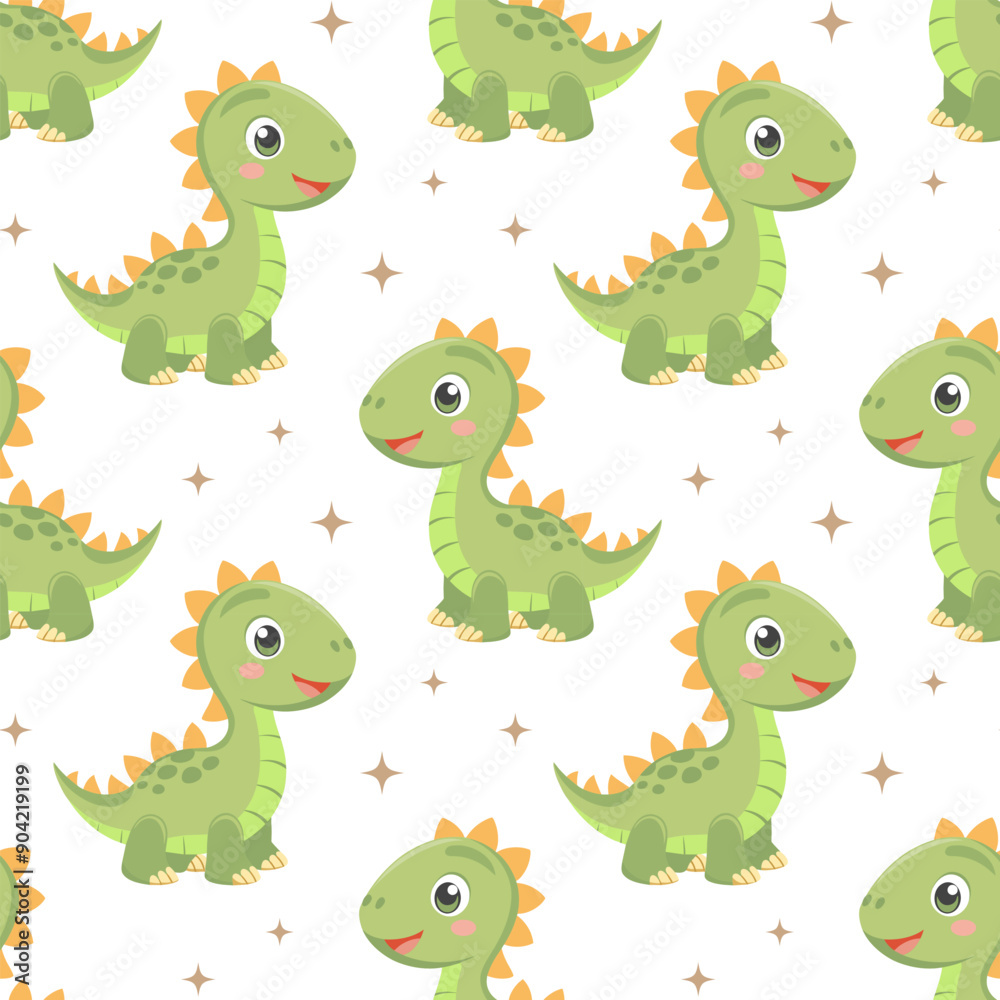 Naklejka premium Cute dinosaurs seamless pattern. Background with dinosaurs and tropical leaves. Scandinavian design for baby clothes, shirts, fabrics, textiles.