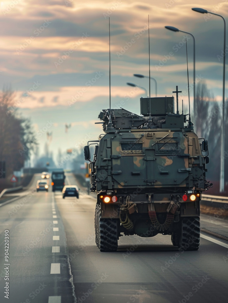 A military vehicle is driving down a road with a cloudy sky in the background A military vehicle is driving down a road with a cloudy sky in the background