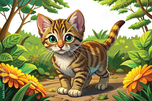  Beneath the dappled sunlight in a verdant garden, a young tabby kitten with mesmerizing eyes explores the lush grass,vector art illustration .AI GENERATED