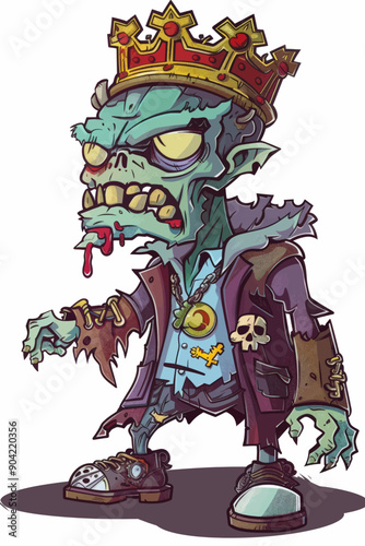 A cartoonish zombie figure with a crown on his head