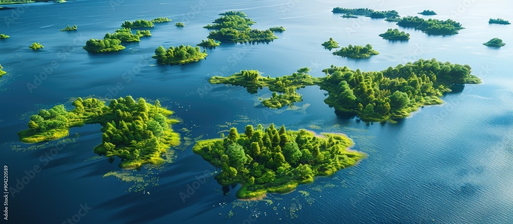 An aerial view of tiny islands covered in lush green reeds surrounded by blue lake water with ample copy space image An aerial view of tiny islands covered in lush green reeds surrounded by blue lake water with ample copy space image