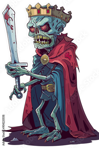 A skeleton is holding a sword and a crown