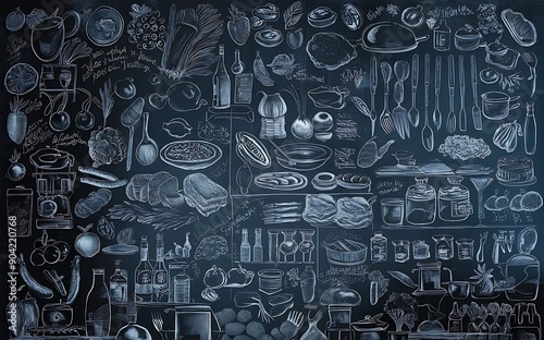 Set of food and drinks doodle on chalkboard background.