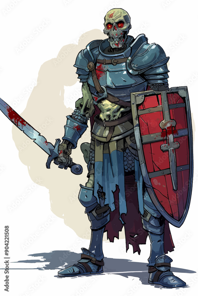 Naklejka premium A skeleton warrior is holding a sword and shield