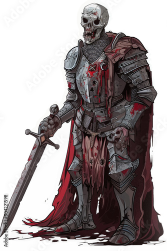 A skeleton knight is holding a sword and a shield