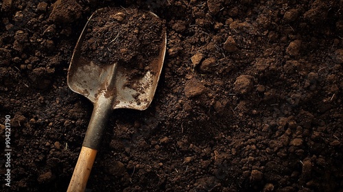 aged shovel at the soil