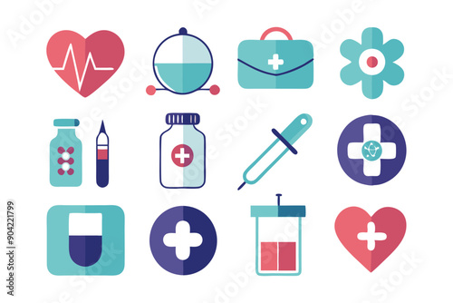 Colorful Flat Icons Representing Medical Supplies and Healthcare Symbols