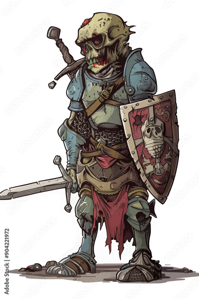 Fototapeta premium A skeleton warrior is holding a sword and shield