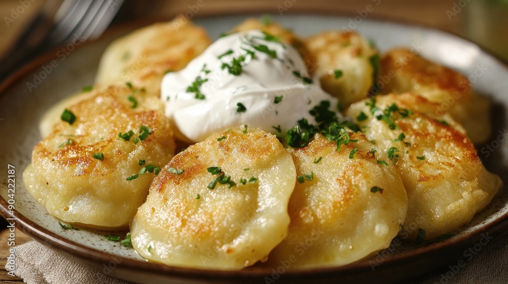 A traditional Polish pierogi dish, with dumplings filled with potatoes and cheese, served with sour cream and onions. A traditional Polish pierogi dish, with dumplings filled with potatoes and cheese, served with sour cream and onions.