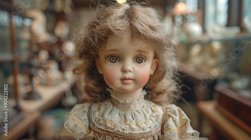 A vintage porcelain doll dressed in a lacey Victorian-era dress. The doll has delicate facial features, curly brown hair, and glass eyes. It is displayed on a wooden stand in a well-lit showcase, high photo