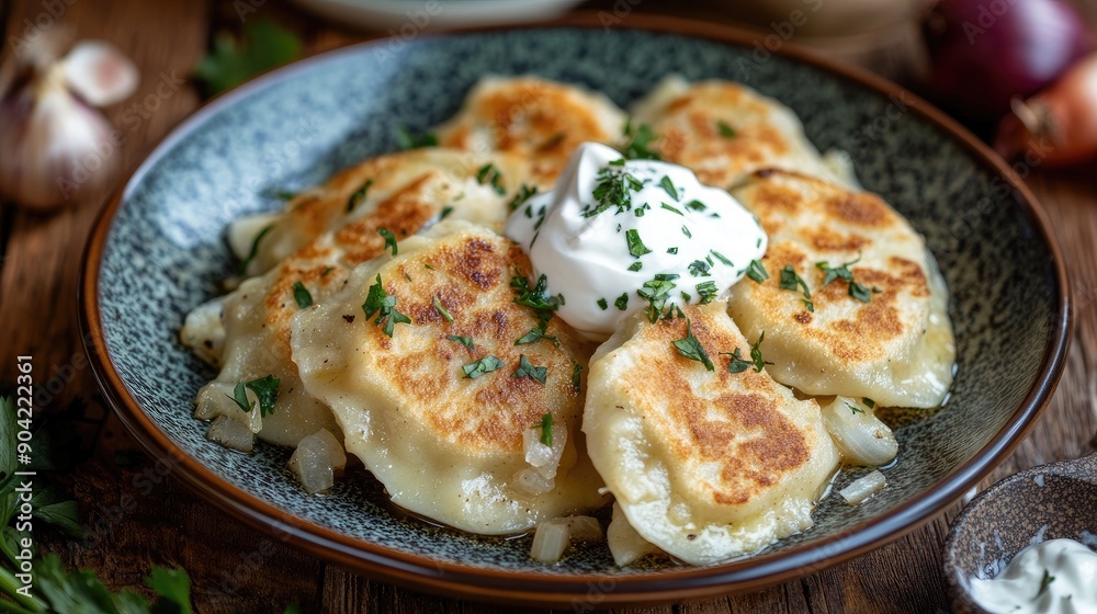 A traditional Polish pierogi dish, with dumplings filled with potatoes and cheese, served with sour cream and onions. A traditional Polish pierogi dish, with dumplings filled with potatoes and cheese, served with sour cream and onions.